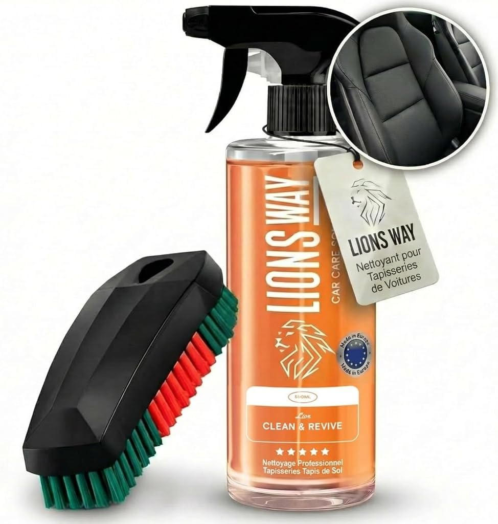 LionsWay Professional Auto Fabric Cleaner - Active Foam Anti-Stains and Odours - Seats, Carpets, Leather - With Brush - Fresh Scent - 500ml