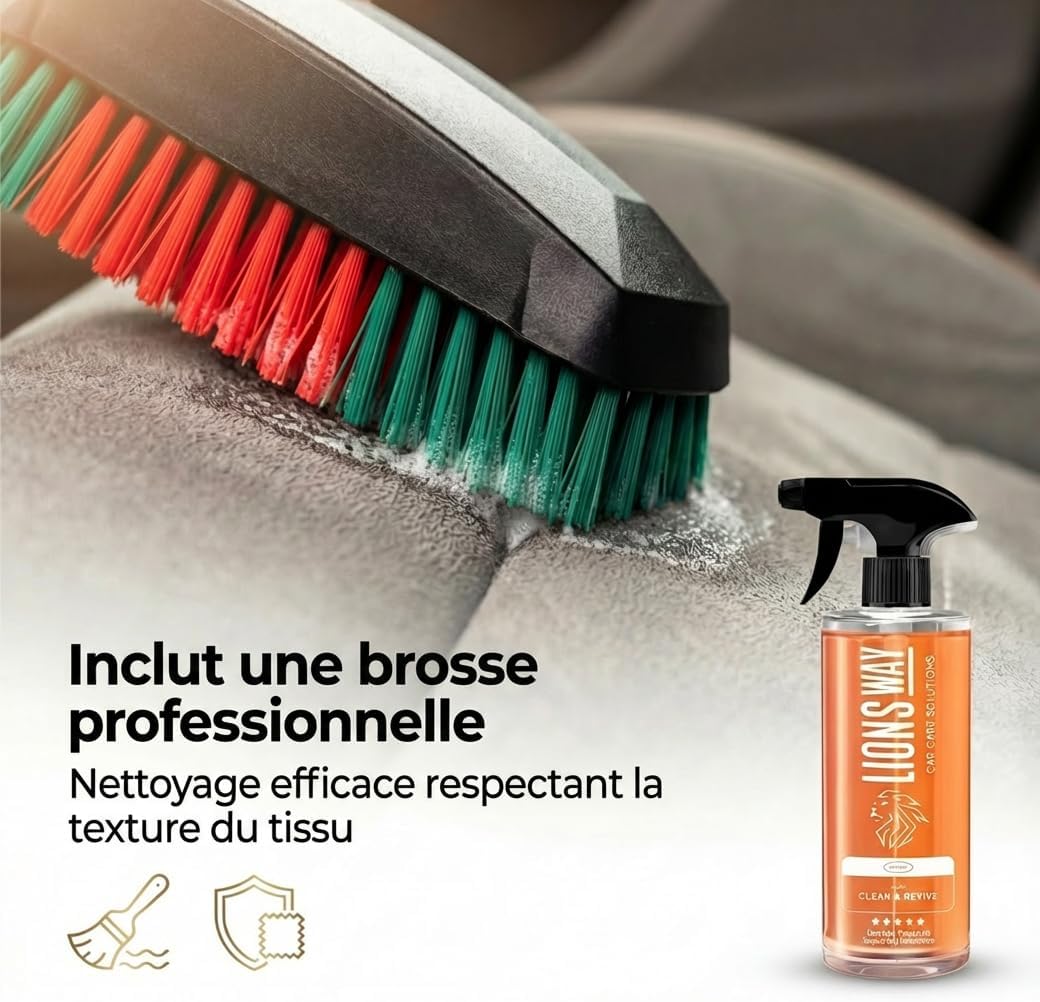 LionsWay Professional Auto Fabric Cleaner - Active Foam Anti-Stains and Odours - Seats, Carpets, Leather - With Brush - Fresh Scent - 500ml