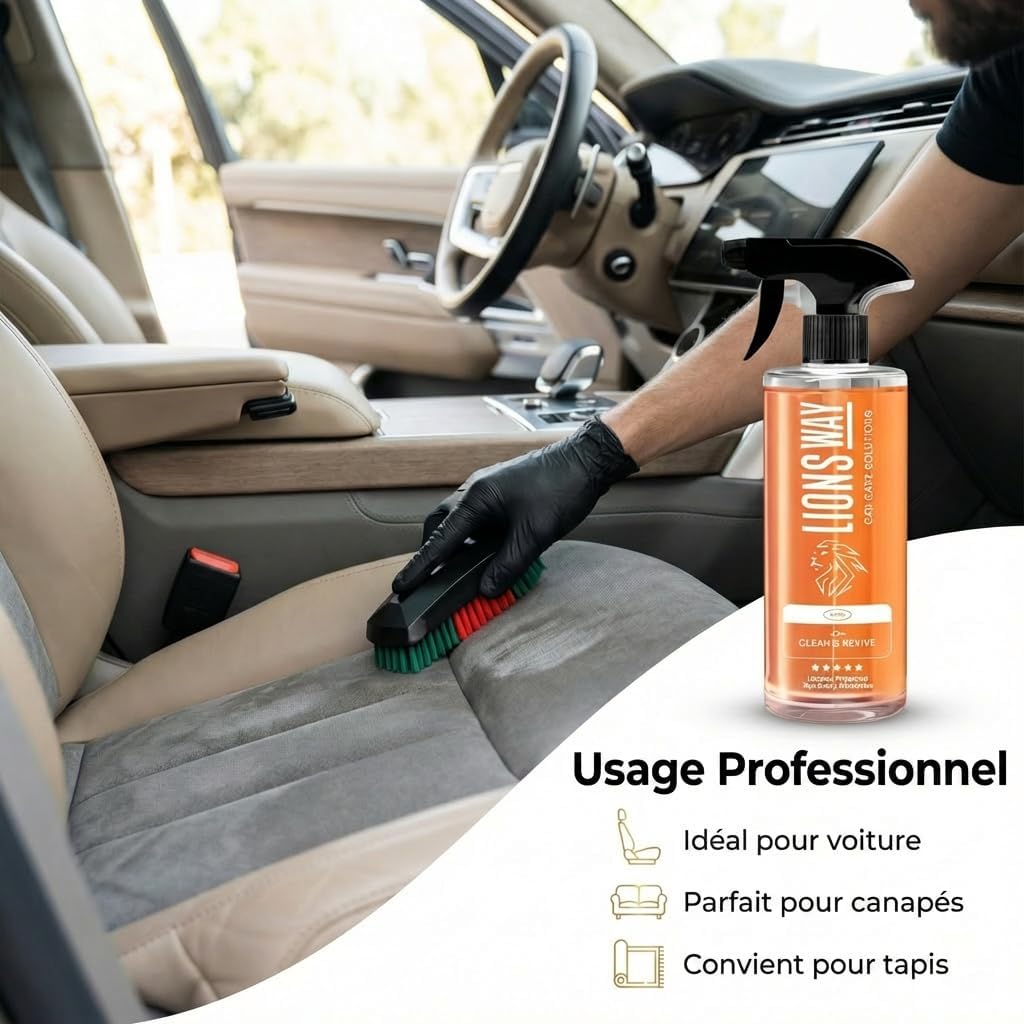 LionsWay Professional Auto Fabric Cleaner - Active Foam Anti-Stains and Odours - Seats, Carpets, Leather - With Brush - Fresh Scent - 500ml