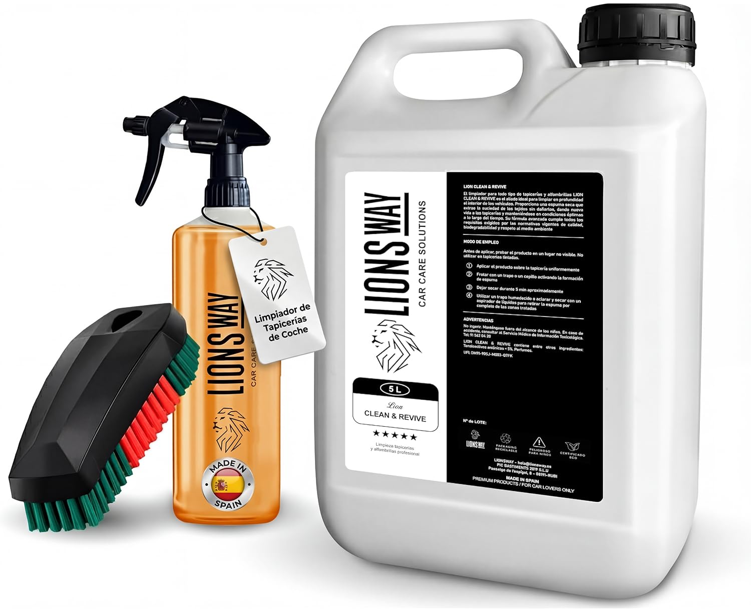 LionsWay Professional Auto Fabric Cleaner - Active Foam Anti-Stains and Odours - Seats, Carpets, Leather - With Brush - Fresh Scent - 500ml