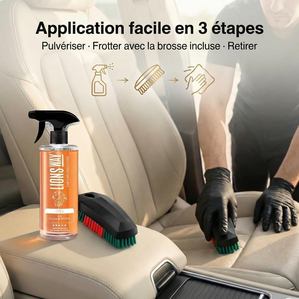 LionsWay Professional Auto Fabric Cleaner - Active Foam Anti-Stains and Odours - Seats, Carpets, Leather - With Brush - Fresh Scent - 500ml