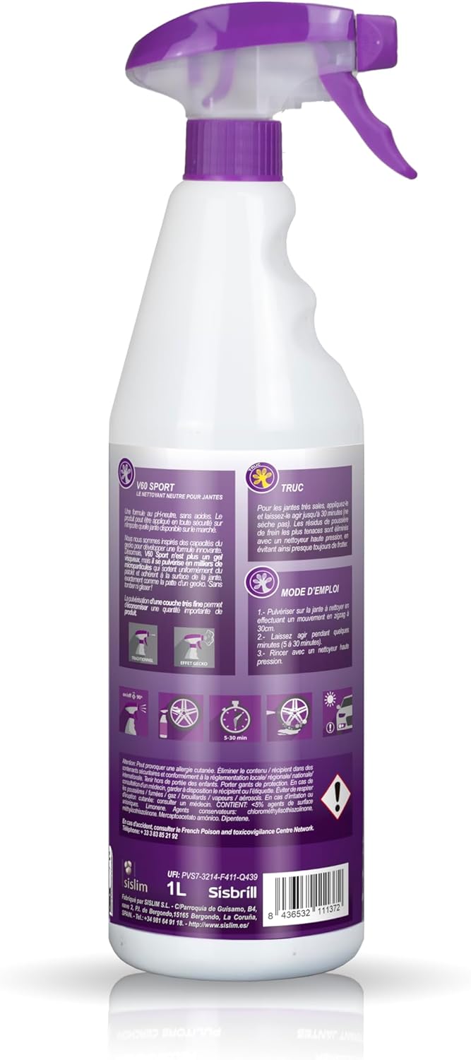 Sisbrill V60 Sport Wheel Cleaner - Neutral and Safe - Gecko Spray Edition - 1 Litre - 1000 ml