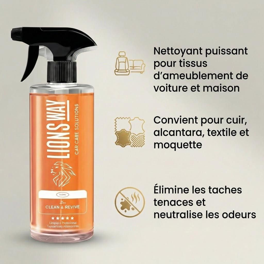 LionsWay Professional Auto Fabric Cleaner - Active Foam Anti-Stains and Odours - Seats, Carpets, Leather - With Brush - Fresh Scent - 500ml