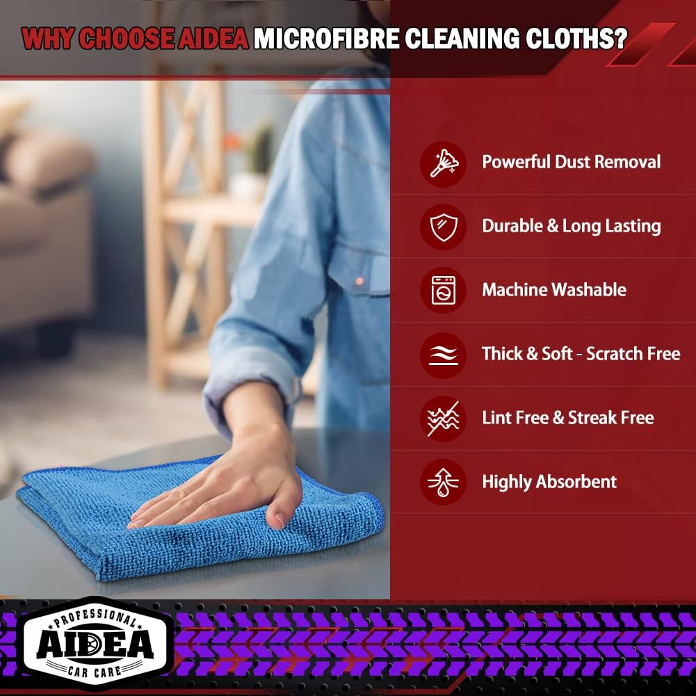 AIDEA 50 Pack Premium Microfiber Cleaning Cloths, Lint-Free, Scratch-Resistant, Absorbent Cleaning Cloths for Cars, SUV, Trucks, Boats, 30x30cm