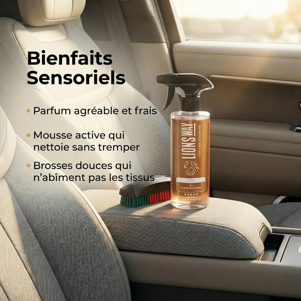 LionsWay Professional Auto Fabric Cleaner - Active Foam Anti-Stains and Odours - Seats, Carpets, Leather - With Brush - Fresh Scent - 500ml
