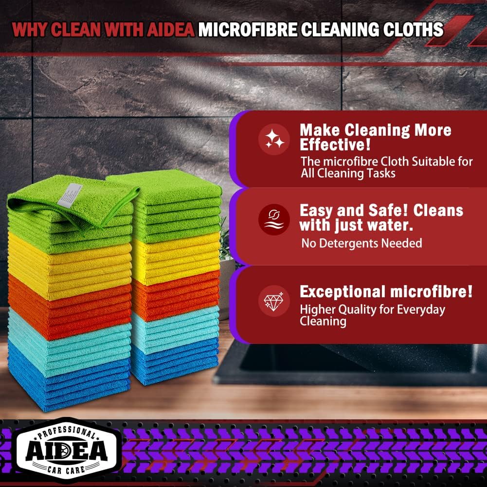 AIDEA 50 Pack Premium Microfiber Cleaning Cloths, Lint-Free, Scratch-Resistant, Absorbent Cleaning Cloths for Cars, SUV, Trucks, Boats, 30x30cm