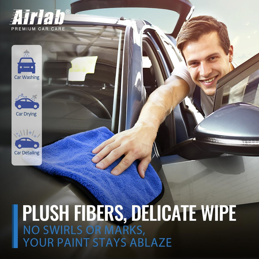 Airlab 4 x Microfibre Car Drying Cloths, 800 g/m², 40 x 40 cm, Super Absorbent, Scratch-Resistant, Detailed Polishing for Car, Motorcycle, Bathroom Glass, Professional Maintenance Wipes