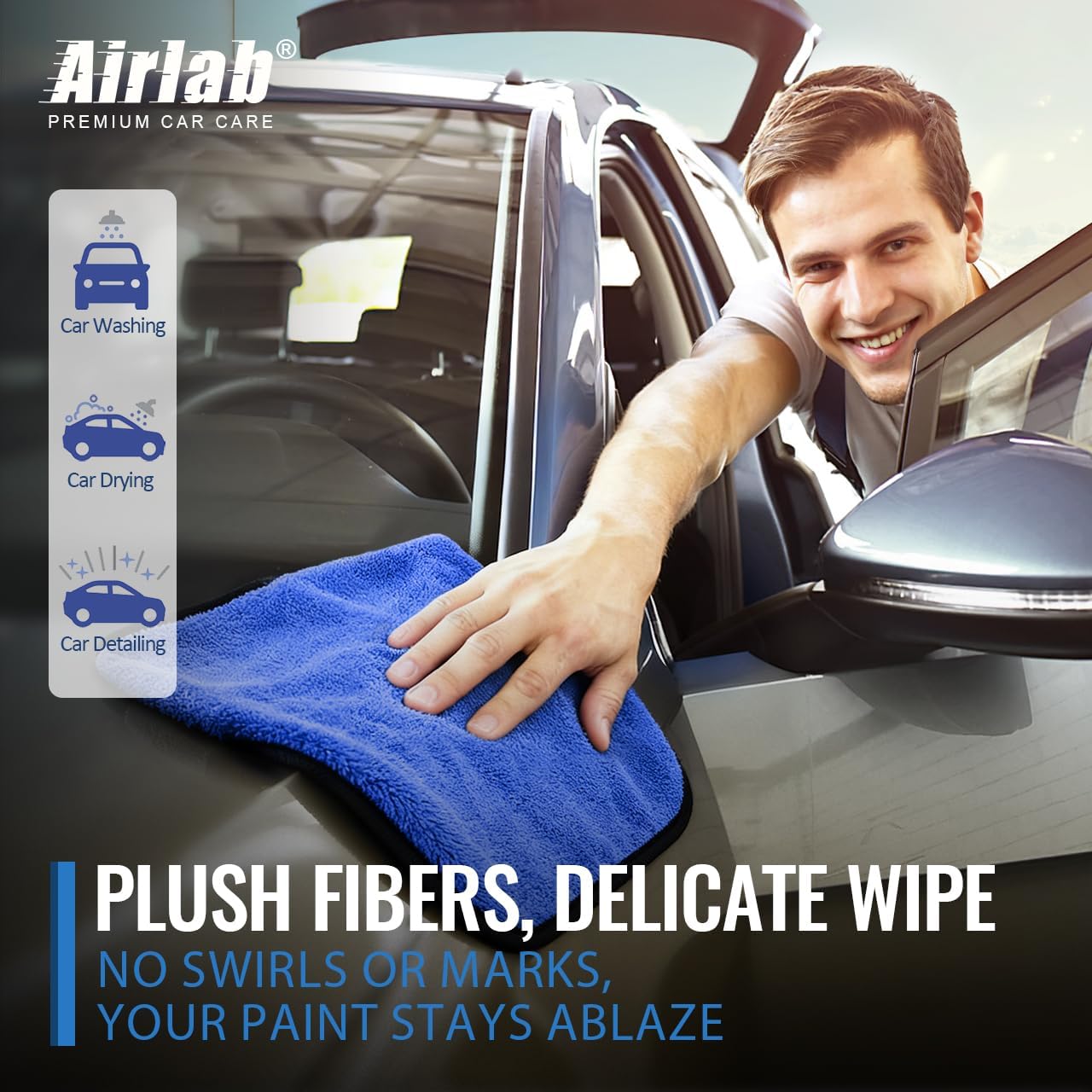 Airlab 4 x Microfibre Car Drying Cloths, 800 g/m², 40 x 40 cm, Super Absorbent, Scratch-Resistant, Detailed Polishing for Car, Motorcycle, Bathroom Glass, Professional Maintenance Wipes