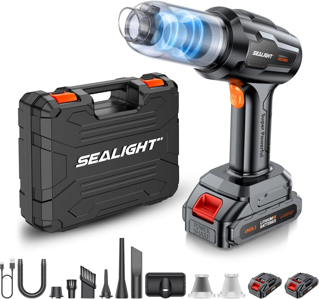 SEALIGHT Aspirateur Voiture sans Fil, 35000PA Aspirateur a Main avec 2er Batteries Rechargeables, Moteur sans Balai, Mini Aspirateur pour Voiture Cuisine Maison des Poils d'animaux