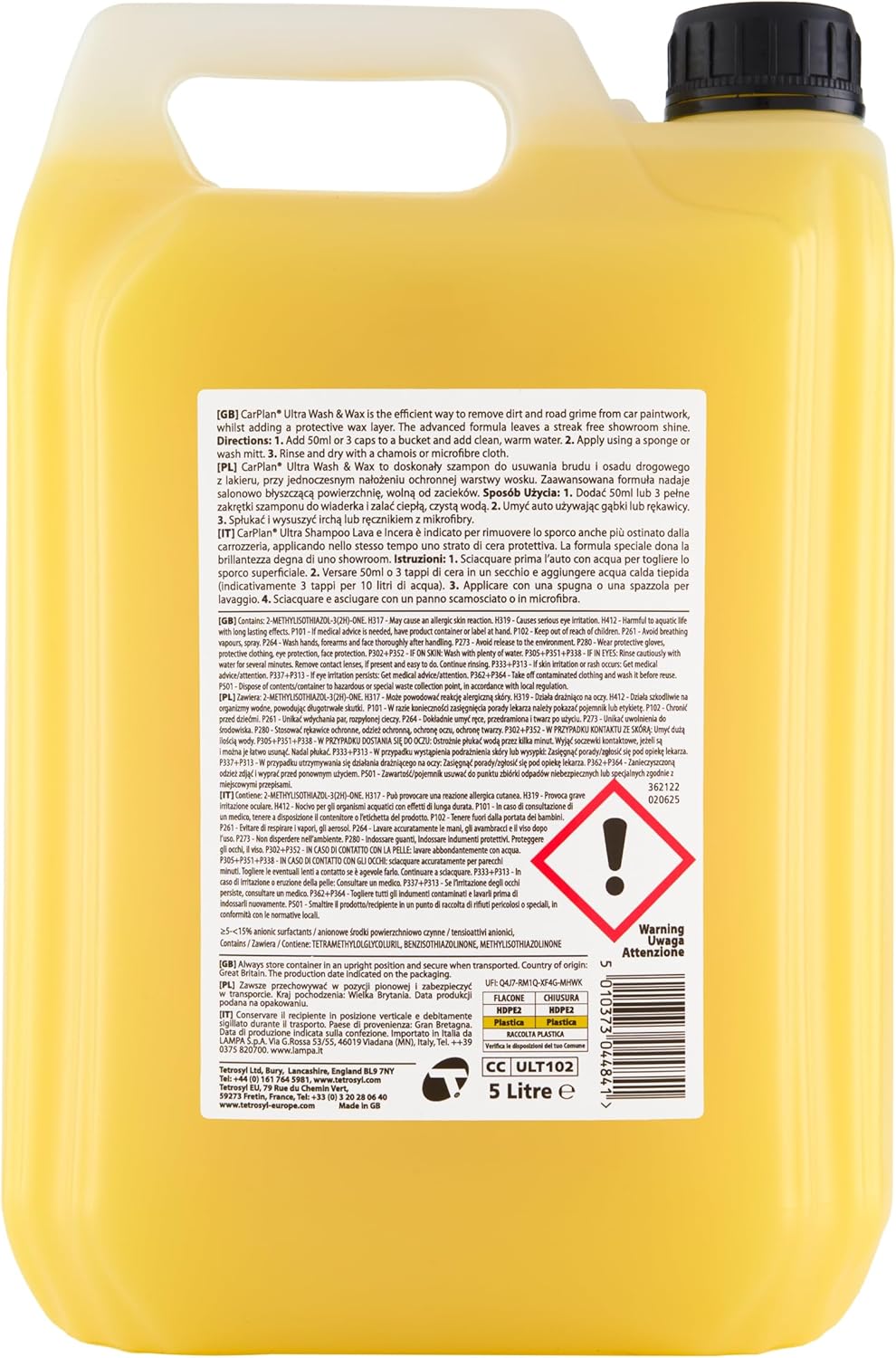 CarPlan Ultra Wash and Wax 5L | pH Neutral Car Shampoo - Cleans, Protects and Shines without Streaks | Removes Dirt and Road Residues