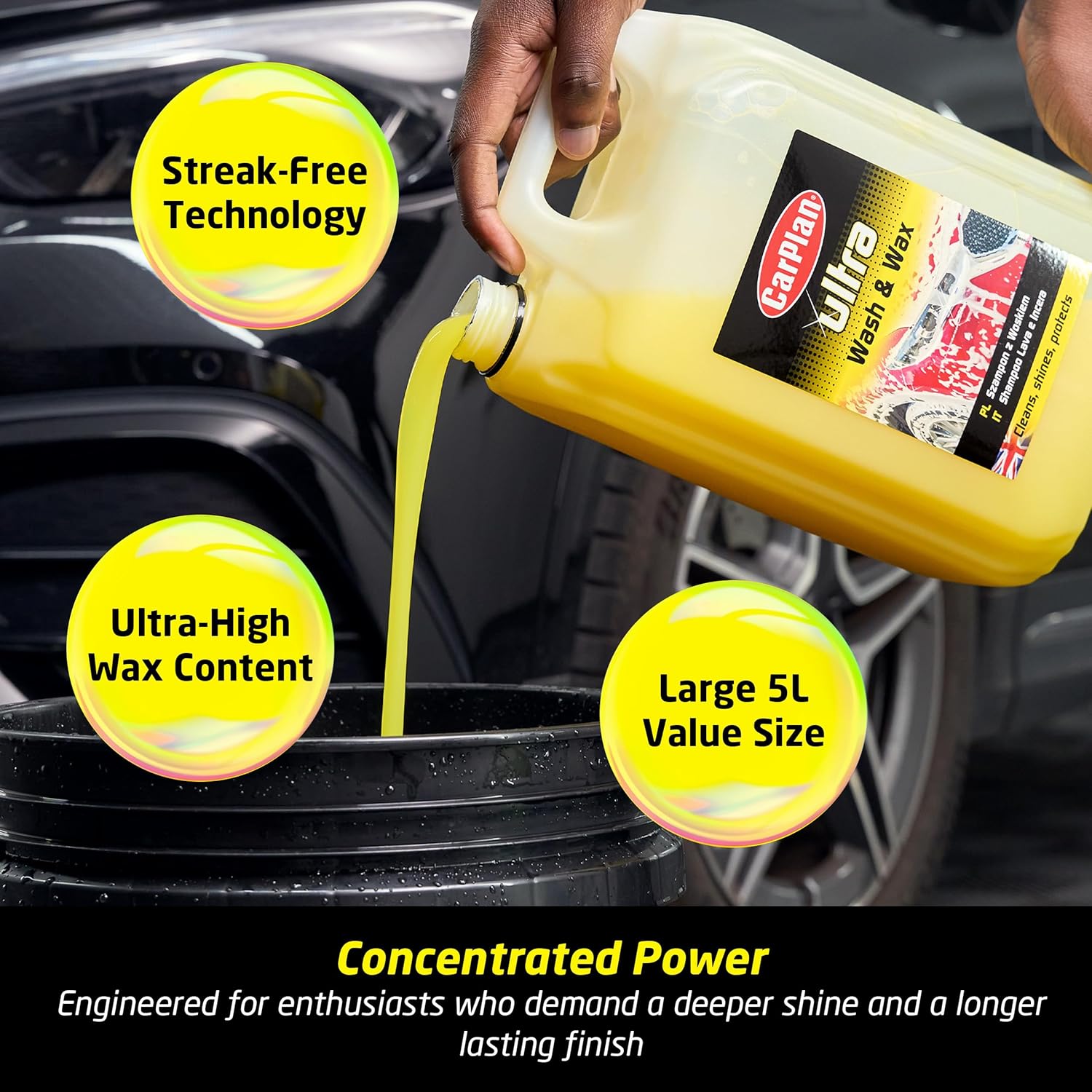 CarPlan Ultra Wash and Wax 5L | pH Neutral Car Shampoo - Cleans, Protects and Shines without Streaks | Removes Dirt and Road Residues