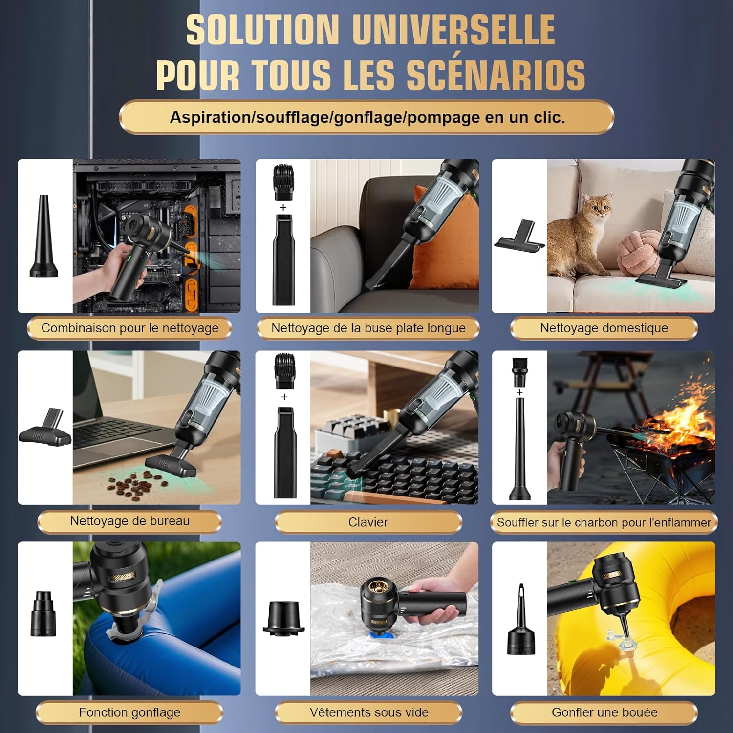 4 in 1 Cordless Handheld Vacuum Cleaner, Powerful 28000PA, 3 Speeds 240,000 RPM, Vacuum Cleaner for Car, Kitchen, PC, Sofa, Office, Home and Pet Hair Cleaning (Golden Yellow)
