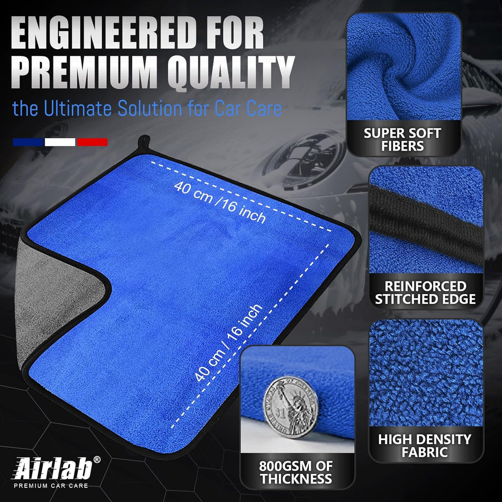 Airlab 4 x Microfibre Car Drying Cloths, 800 g/m², 40 x 40 cm, Super Absorbent, Scratch-Resistant, Detailed Polishing for Car, Motorcycle, Bathroom Glass, Professional Maintenance Wipes