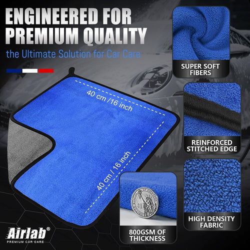 Airlab 4 x Microfibre Car Drying Cloths, 800 g/m², 40 x 40 cm, Super Absorbent, Scratch-Resistant, Detailed Polishing for Car, Motorcycle, Bathroom Glass, Professional Maintenance Wipes