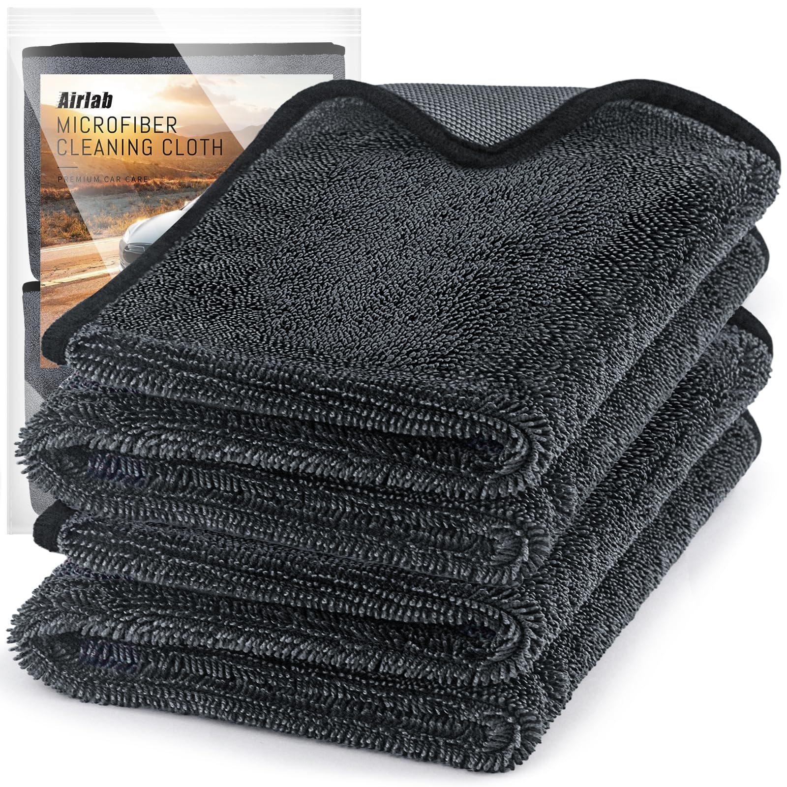 Airlab 4 x Microfibre Car Drying Cloths, 800 g/m², 40 x 40 cm, Super Absorbent, Scratch-Resistant, Detailed Polishing for Car, Motorcycle, Bathroom Glass, Professional Maintenance Wipes
