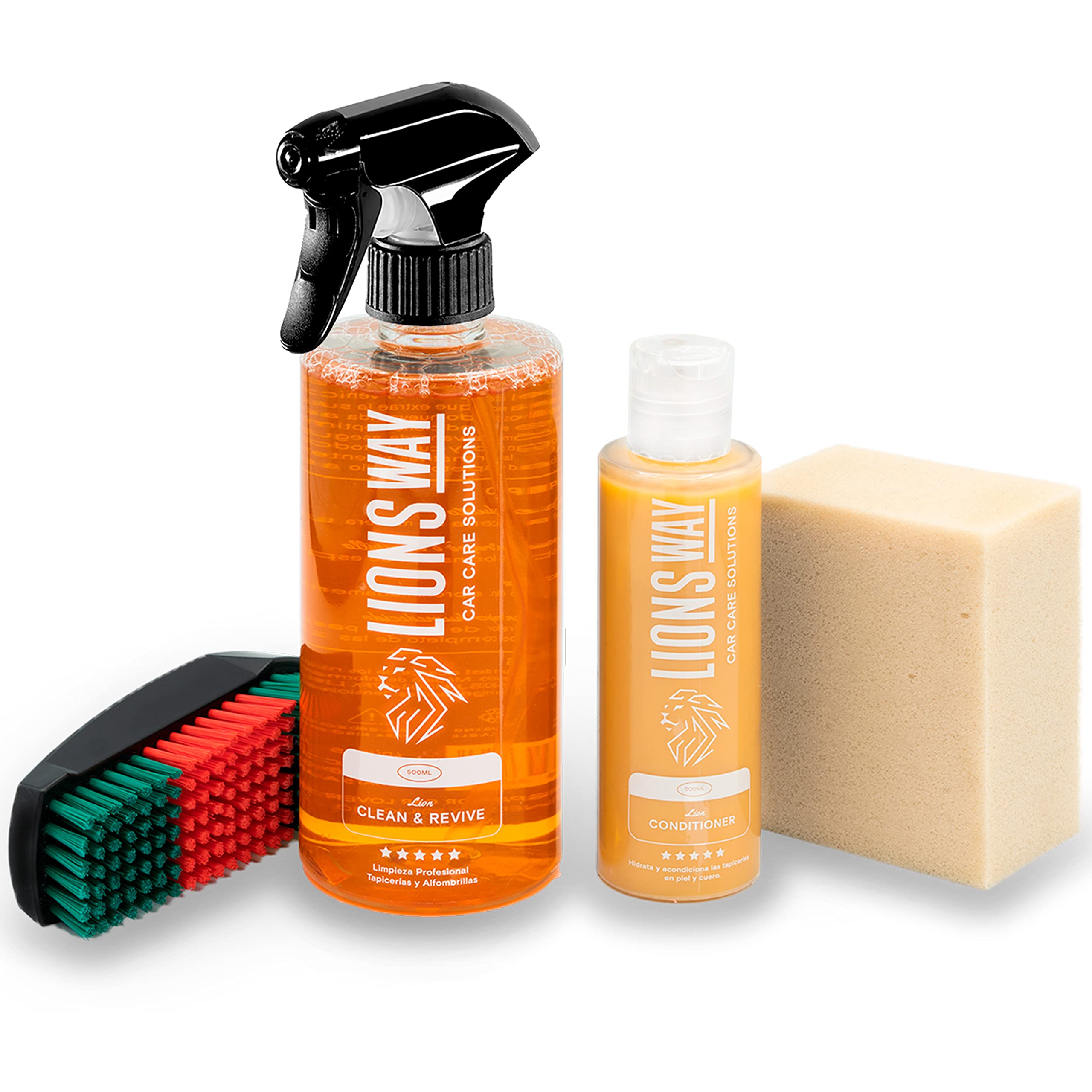 LionsWay Professional Auto Fabric Cleaner - Active Foam Anti-Stains and Odours - Seats, Carpets, Leather - With Brush - Fresh Scent - 500ml